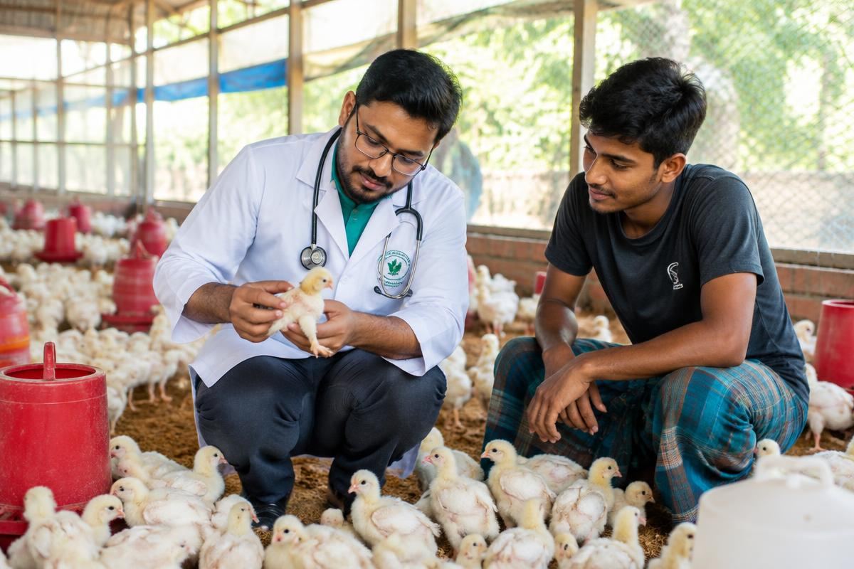 খামারে বাচ্চা মুরগি পরীক্ষা